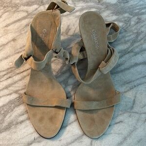 Calvin Klein high heel sandals strappy ankle tie creme suede Italian sandals 8